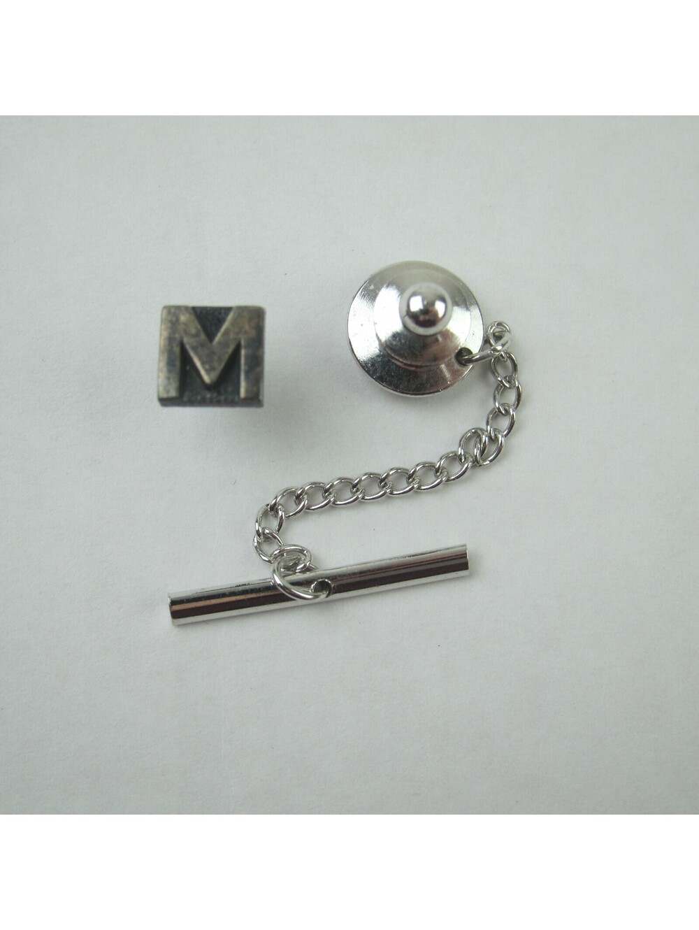 Vintage Monogram Letter M Tie Tack Lapel Pin Silver tone Chain Tie Bar